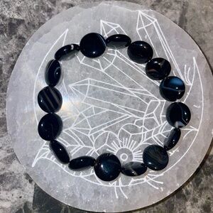 striped black agate - flat round stones beads 12mm beaded bracelet